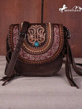 Montana West Cross Body Bag Purse Western Fringe Embroidered Handbag Coffee